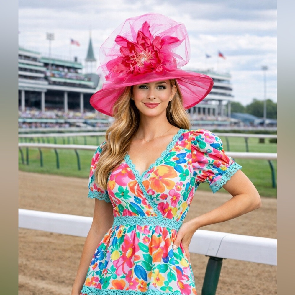 Kentucky Derby Hat Pink Organza Wide Brim Floral